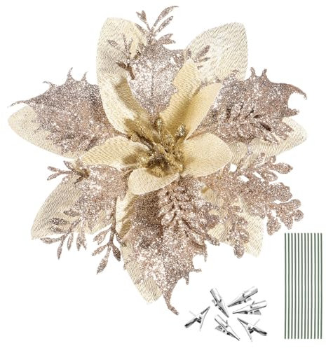 SAFIGLE 12 Pezzi Fiori Glitterati Di Natale Con Steli E Clip, Decorazioni Per Albero Di Natale, Feste E Ghirlande, Oro