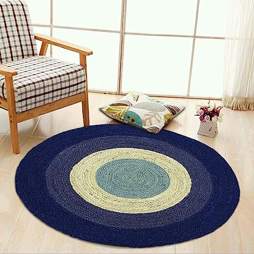 CASAVANI Collection Circle Area Teppich, 90 cm, rund, Blau & Beige, handgefertigt, Boho-Stil, geflochtene Jute, ideal für stark frequentierte Bereiche im Schlafzimmer, Nachttisch, rund, Esszimmer,