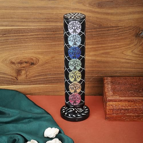 Ajuny Brûleur d'encens en Pierre Ollaire en Marbre Noir 3x3x10,5 Pouces Rond Décoratif avec Arbre de Vie Sculptés pour Bougie Chauffe Plat pour la Maison Le Bureau Le Parfum Le Yoga la Méditation