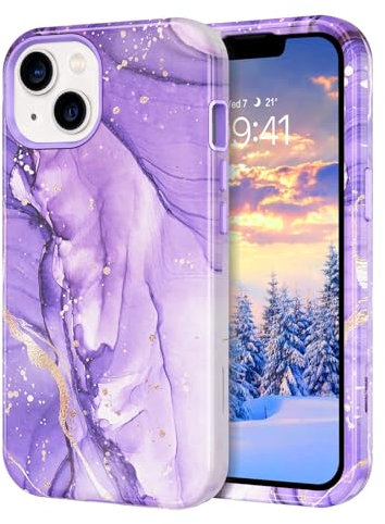 YINLAI iPhone 14 Case Marble Pattern 3 in 1 Full Body Rugged Hard PC Back Cover Bumper, Drop Shockproof Protection Girly Women Case for iPhone 14 6.1 Inch, Purple