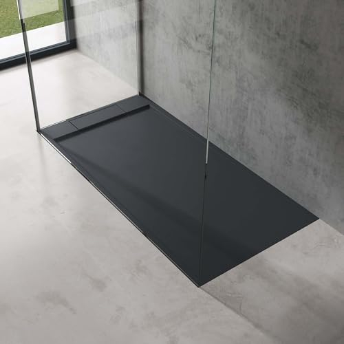 doporro Duschtasse Duschwanne 80x160x4 flach Mineralguss in Anthrazit inkl. Ablaufgarnitur AL02 DIN-Anschlüsse für bodenebene Montage geeignet Geoma04