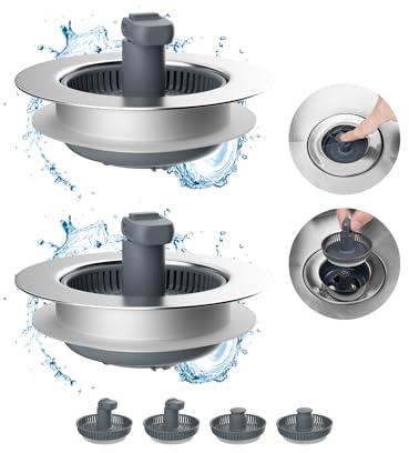 Hibbent 2 Pack 3 in 1 Kitchen Sink Drain Strainer and Stopper Combo, Chrome Stainless Steel Wraped Shell, 6 Anti-Clogging Basket Strainer with Foldable Handle for US Standard 3-1/2 Drain