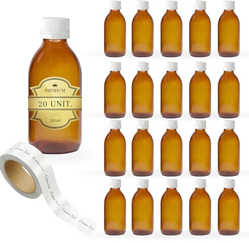 20x Flacon Vide en Verre Ambré de 200 ml avec Couvercle en Plastique + 20 Étiquettes d'Autocollants Personnalisés - Flacon pour Huiles Essentielles, Cosmétiques, Laboratoire, Médicaments