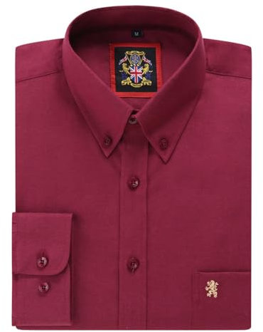 Mens Long Sleeve Oxford Shirt, Button Down Collar & Pocket, Casual Office Work Weekender English Style. The English Oxford by Janeo British Apparel. (Plain Wine, XL)