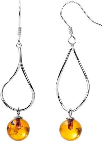 Baltic Round Amber Sterling Silver Drop Dangle Earrings for Women