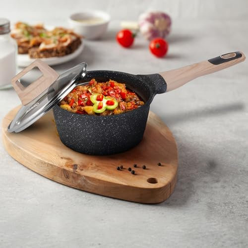 AGARO Imperial Granite Non Stick Sauce pan with Glass Lid, 1.5L / 16cm, Cast Aluminium Body, Tea Pan, Milk Pan, Soup Pan, Gas & Induction Compatible, Dark Grey
