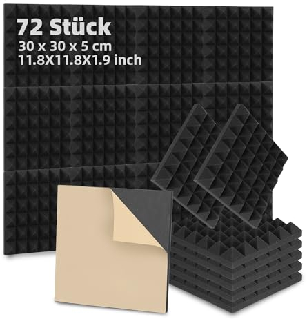 Fiqops 72 Stück Akustikschaumstoff Selbstklebend Akustikpaneele 5x30x30 cm Schalldämmung wand Echo-Fliesen reduzieren,Schallschutz für Tonstudio,Gaming Deko,Podcasts, Schwarz Pyramide