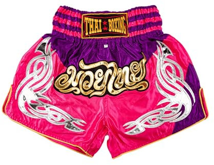 MUAY NATION Shorts de Boxe Thaï pour Hommes et Femmes, Shorts de Muay Thai, vêtements d'entraînement, Short d'arts Martiaux (FR/ES, Alpha/Lettres, TG, Taille Normale, Taille Normale, PRM Rose/Violet)