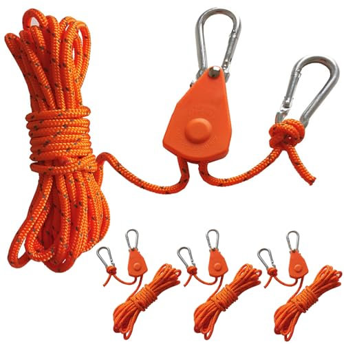 4 Stück 4M Reflektierend Abspannseile Seil mit Seilspanner, 4mm Durchmesser Einstellbare Seil Ratsche Rope Seilratsche mit Haken, Paracordseil Abspannleine für Zelt Zeltplane Camping (Orange)