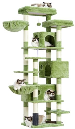 Hey-brother Cat Tree, 74 inches Multi-Level XL Large Cat Tower for Indoor Cats with Three Cat Condos, Two Large Top Decks and Cat Hairbrushfor Kittens, Cats and Pets, Green MPJ035-MGR