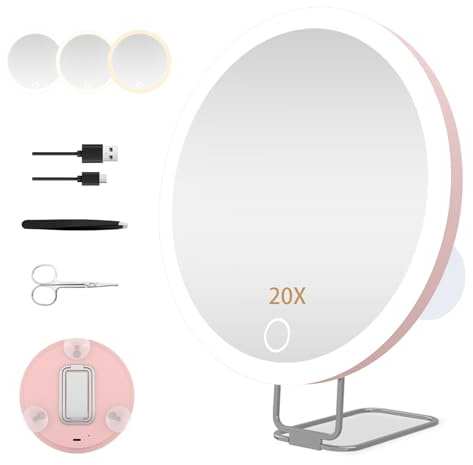 JJhxr 20X Vergrößerungsspiegel mit Licht,15.24 cm großer Makeup Vergrößerungsspiegel, 3 Farben Dimmbarer Makeup Spiegel mit 360° Tischständer, Tragbarer LED Vergrößerungsspiegel mit 3 Saugnäpfen