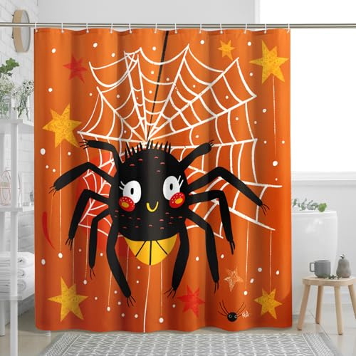 Tenda da doccia a forma di ragno, tenda da doccia con ragno arancione nero e arancione, tenda da doccia per decorazione del bagno, divertente tenda da doccia in tessuto autunnale per bambini, 183 x