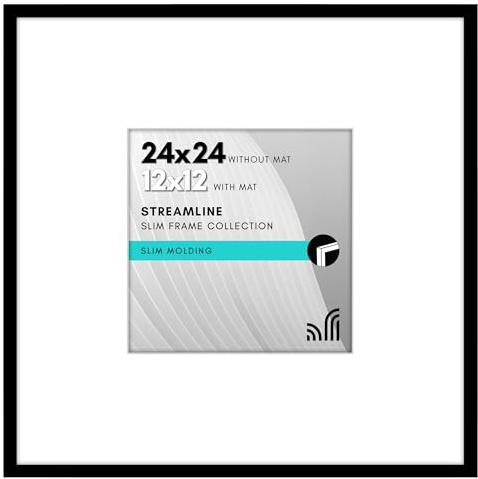 Americanflat 24x24 Picture Frame with Polished Plexiglass - Use as 12x12 Frame with Mat or 24x24 Frame Without Mat - Streamline Collection - Thin Square Picture Frame for Wall Display - Black
