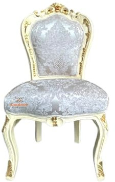 CasAmin Home & Living Akzentstuhl aus Elfenbein-Damast Französischer Esszimmerstuhl im Louis Stil handgefertigt aus Massivholz Blumenmuster im Antiken Barockstil für Esszimmer