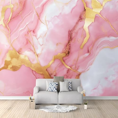 WHUOEUCO Carta Da Parati Effetto 3D Marmo Rosa Dorato 300x210 cm Fotomurali Non Tessuto, Decorazione Poster Arte Murale Moderna per Casa Ufficio Camera Da Letto Soggiorno