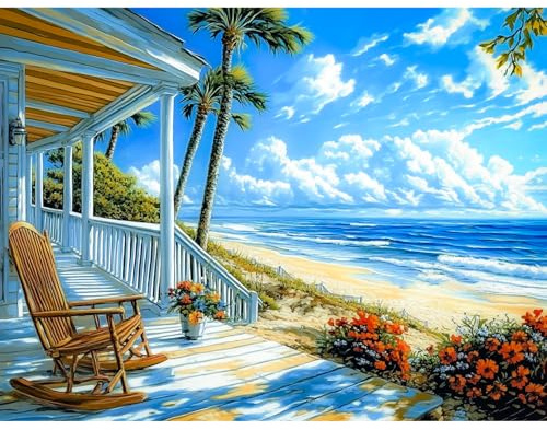 KEYIFA Landscape Paint by Numbers for Adults, Beach Painting by Number Canvas Kits with Acrylic Paint Brushes, DIY Craft Oil Painting Art Kits for Adults, Home Wall Decor 40x30cm