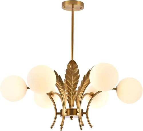 KCO Goldener Sputnik Kronleuchter 6-Flammig mit Milchglas-Schirmen — Höhenverstellbare Deckenlampe im Mid-Century Stil für Wohnzimmer und Esszimmer, G9-Fassung, 70 cm