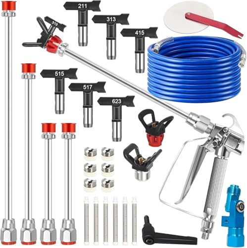 22-teiliges Airless Farbspritzpistole und Schlauch Set 3600 PSI Spritzpistole mit 15 m Schlauch, 6 umkehrbaren Düsen, 4 Verlängerungsstangen, Düsenhalter & Filtern für Innen- und Außenanstriche