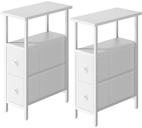 YMYNY Schmales Beistelltisch-Set, 2 Stück, schmaler Nachttisch mit 2 Stoffschubladen, nachtschränkchen für kleine Räume, beistelltisch Couch für Schlafzimmer und Wohnzimmer, Weiß HST019W-2