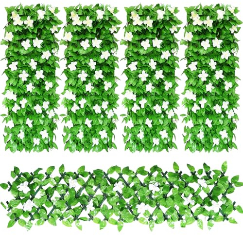 4Pcs Artificial Ivy Fence Screening, (40x20cm to 28x200cm) Expandable Garden Trellis Panel, Artificial Hedge Screening with White Orchid, Privacy Fence Screen for Garden Balcony Outdoor Decoration