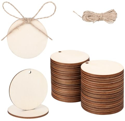 cobee 50 Stück Runde Holzscheiben, 5cm Holzscheiben Mit Loch Zum Basteln Kleine Holzplatten Mini Baumscheiben Deko Für Diy Projekte Hochzeit Feiertagsdekoration