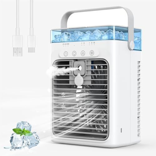 Mobile Klimaanlage, Tragbare Luftkühler mit 1L Wassetank, 3 Geschwindigkeiten & Sprühmodus, Klimaanlage ohne Abluftschlauch, Klimageräte Persönlich Ventilator für Zimmer, Camping