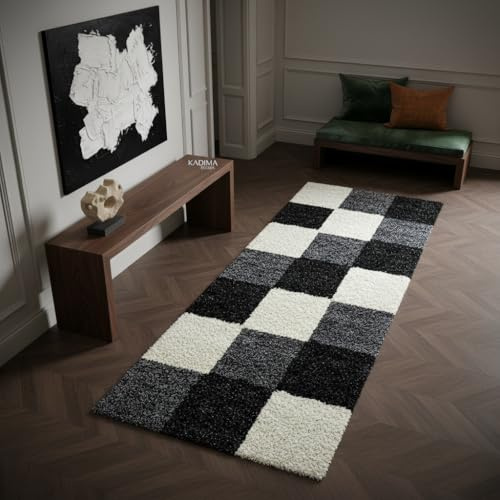 KADIMA DESIGN Teppichläufer Flur Hochflor weich kariert Schwarz 80x250 cm | Oberseite 100 % Polypropylen, 30 mm Florhöhe, ca. 2.000 g/m², 48.500 Punkte/m², gekettelte Kanten, OEKO-TEX Standard 100