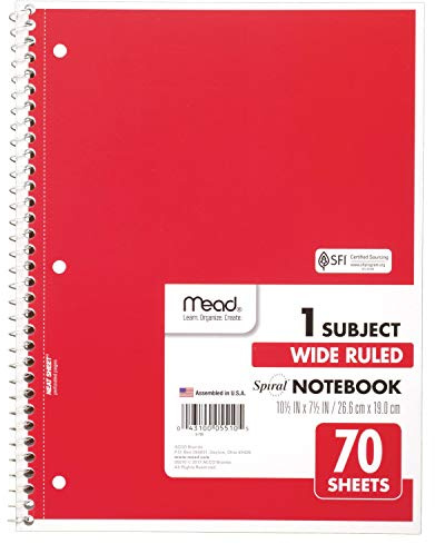 Mead Spiral Notebooks, 1 Subject, Wide Ruled Paper, 70 Sheets, 10-1/2 x 7-1/2, Dark Blue (05510)