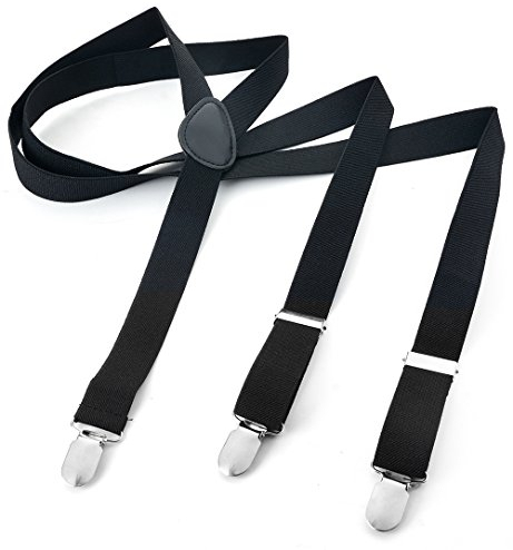Herren Damen Long Hosenträger Y Form Style 3er Clips elastisch Schmal Unifarbe und Bunt mit verschiedenen Motiv, Schwarz (Schwarz),Gr. One Size
