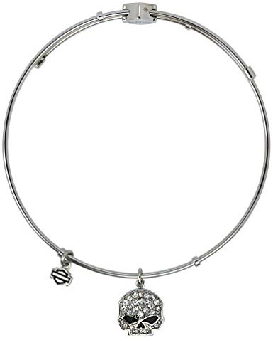 Harley-Davidson Womens Bangle, White Bling Willie Skull Charm Bracelet HSB0043-7