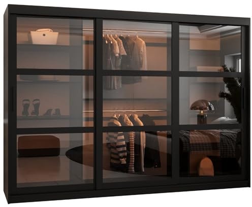 ABIKSMEBLE Dome Armoire à Trois Portes Coulissantes avec Miroir, Barres et Étagères - Armoire de Rangement avec Verre Fumé pour Chambre, Salon - 200x250x62 cm - Noir, Noir, Noir