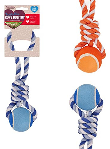 Rosewood Twistables Tennis Ball Rope Tug Toy for Dogs – Durable, Cotton Chew and Fetch Dog Toy for Small and Medium Breeds, Assorted Blue or Orange Colours
