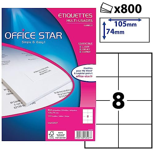 OFFICE STAR - 800 Étiquettes Autocollantes Multi-Usages Blanches Personnalisables Imprimables - Format 105 x 74 mm - Impression Laset Jet d'Encre et Copieur