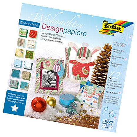 folia 10549 - Designpapier Block Weihnachten, ca. 30,5 x 30,5 cm, 190 g/qm, 12 Blatt sortiert in 12 verschiedenen Motiven, beidseitig bedrucktes hochwertig illustriertes Papier