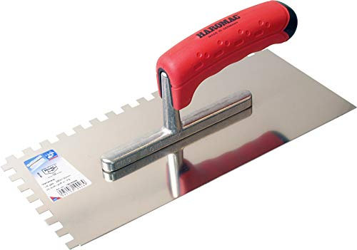 HAROMAC Glättekelle Made in Germany, 8x8 mm gezahnt, rostfreier Edelstahl,2 Komponenten Softgriff, Profiqualität, Glätter, Traufel, Glättscheibe