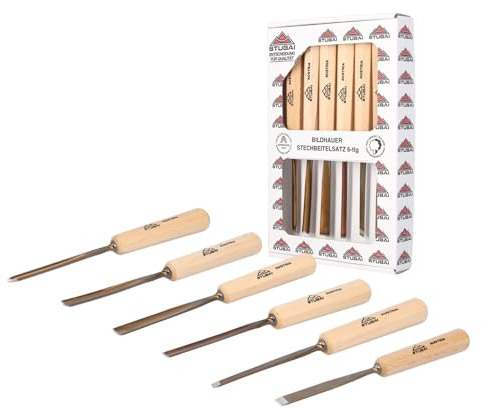 STUBAI Schnitzersatzset Kerbschnitzmesser Set Serie 52, 6-teilig - Balleisen 5 mm & 10 mm + Hohleisen 4 mm, 6 mm, 10 mm & 12 mm, Schnitzeisen mit Holzgriff, geschärft, zur Bearbeitung von Holz