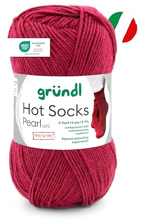 Gründl Wolle Hot Socks Pearl uni 4-fach 1 Knäuel 50 g, kirschrot | Sockenwolle - Sockengarn - Weich und hautfreundlich - 75% Schurwolle, 20% Polyamid, 5 % Kaschmir 200 m - Nadelstärke 2,5-3