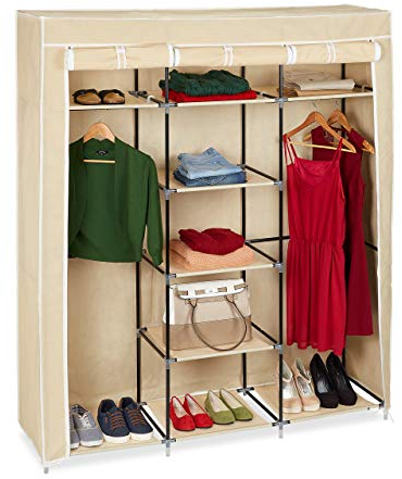 Relaxdays Stoffkleiderschrank, 9 Fächer, 2 Kleiderstangen, HBT: 173 x 148 x 43 cm, Camping, Keller, Faltschrank, beige