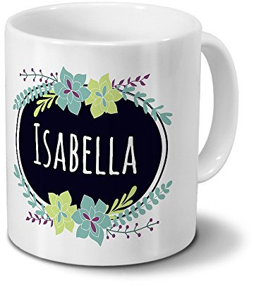 printplanet Tasse mit Namen Isabella - Motiv Flowers - Namenstasse, Kaffeebecher, Mug, Becher, Kaffeetasse - Farbe Weiß