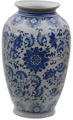ORIENTAL FURNITURE 35,6 cm Floral Bleu et Blanc Porcelaine Tung Chi Vase