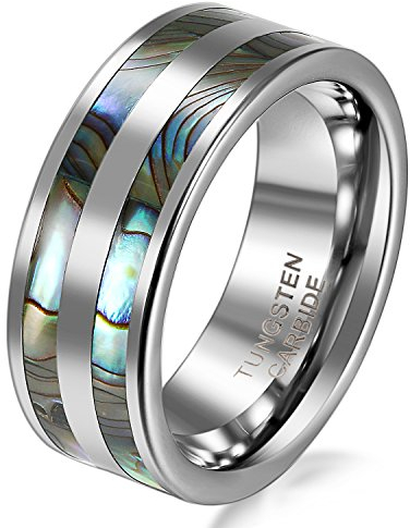 JewelryWe Herrenring Wolfram Ring Herren: 8mm Breite Wolframcarbid Poliert Fingerringe Eheringe mit Doppel Abalone Muschel Perlmutt Inlay Partnerringe Verlobung Hochzeit Band Männer Größe 61