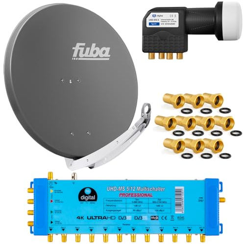 FUBA 12 TEILNEHMER DIGITAL SAT ANLAGE DAA850A + Profi LNB 0,1dB Full HDTV 4K + PMSE Multischalter 5/12 + 35 Vergoldete F-Stecker Gratis dazu