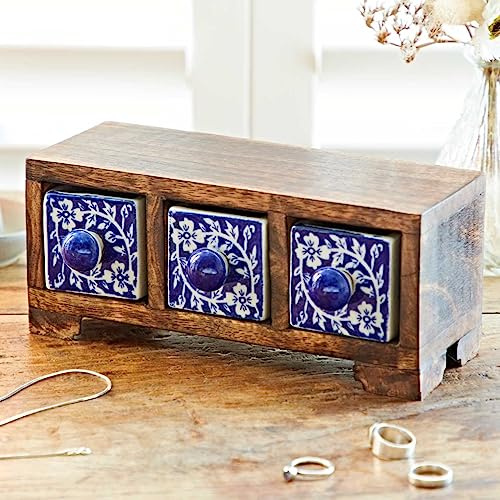 Hand Painted Blue Floral Ceramic 3 Drawer Chest - 21cm x 9.5cm x 8cm - Trinkets, Spices, Teas, Dried Herbs, Jewellery or Haberdashery Multifunctional Storage