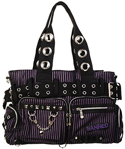 Banned Damen Handtasche mit Handschellen-Details, Rockabilly-Look, Leinwand, violett - violett - Größe: Large