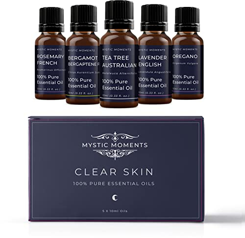 Mystic Moments | Clear Skin Essential Oil Gift Starter Pack 5x10ml | Bergamot Bergaptene Free, Lavender English, Oregano, Rosemary French and Tea Tree Australian | Perfect as a Gift