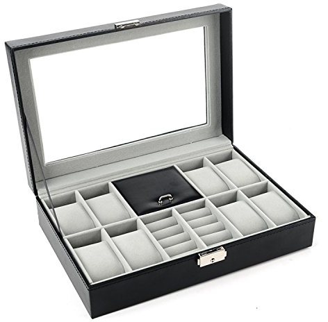 Autoark PU-Leder 8 Uhrenbox Schmuckkästchen,abschließbar Armbanduhr,Glasfenster,Schwarz,DAW-002