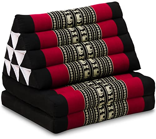 livasia Thaikissen mit 2 Auflagen - 120x50x8cm - Dreieckskissen mit Sitzkissen, Keilkissen mit Kapok, Rückenkissen faltbar, Thaimatte zum Klappen, handgefertigt, Meditationskissen (Schwarz/Elefanten)