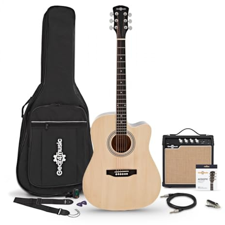 Dreadnought-Cutaway-Elektroakustikgitarre, Natur, mit 15-Watt-Verstärker und Zubehörset