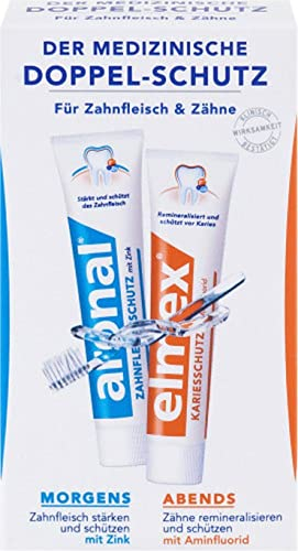 aronal und elmex Zahnpasta Doppelschutz, 2 x 12 ml - Zahncreme für Zahnfleisch und Zähne, schützt vor Karies, Reisegröße