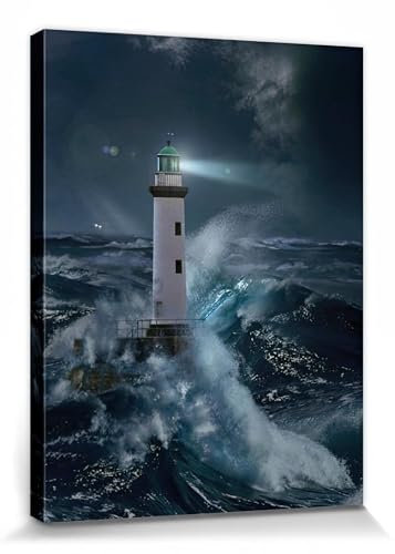 1art1 Leuchttürme Poster Leuchtturm Bei Sturm Im Mondlicht Bilder Leinwand-Bild Auf Keilrahmen | XXL-Wandbild Poster Kunstdruck Als Leinwandbild 80x60 cm
